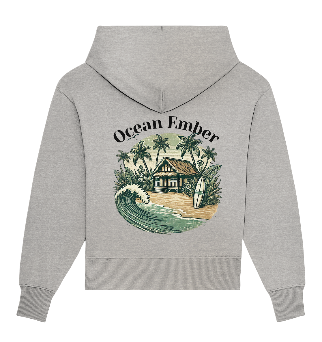 Rückseite eines Hoodies mit einem großen, kreisförmigen Surfer-Design. Das Motiv zeigt eine tropische Strandhütte umgeben von Palmen, mit einem Surfbrett im Sand und einer brechenden Welle im Vordergrund. Oberhalb des Motivs steht der Schriftzug ‚Ocean Ember