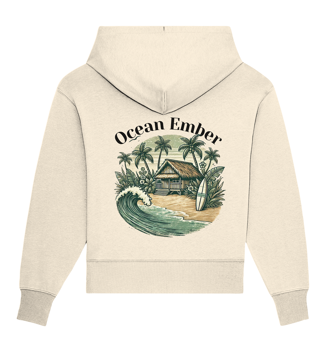 Rückseite eines Hoodies mit einem großen, kreisförmigen Surfer-Design. Das Motiv zeigt eine tropische Strandhütte umgeben von Palmen, mit einem Surfbrett im Sand und einer brechenden Welle im Vordergrund. Oberhalb des Motivs steht der Schriftzug ‚Ocean Ember