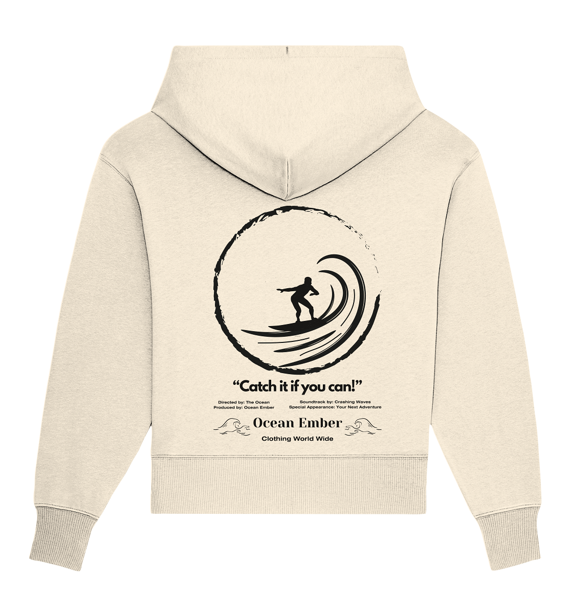 Ocean Ember Oversized Hoodie in Creme mit einem Rückendesign, das einen Surfer zeigt, der eine große Welle reitet. Der Hoodie ist nachhaltig gefertigt und ideal für Abenteurer, Surfer und Naturliebhaber, die Freiheit und Natur lieben.